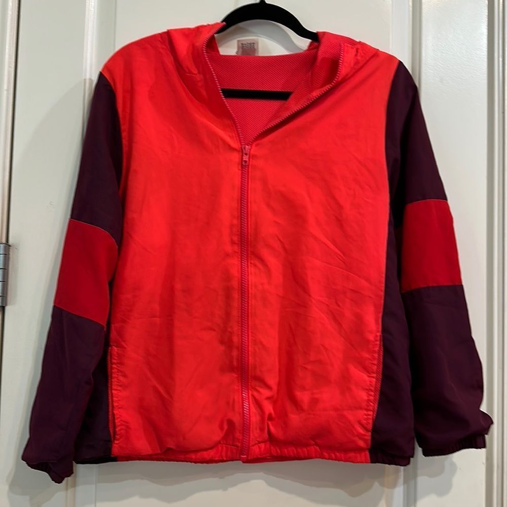 PINK ZIP UP JACKET , block colored, red, purple, coral, used condition